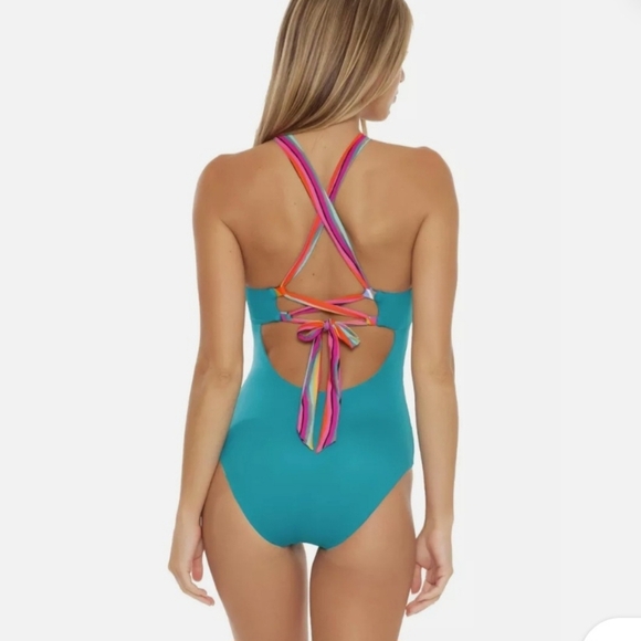 Trina Turk Louvre Reversible Multicolor and Teal Halter One-Piece Swimsu… - Picture 9 of 9